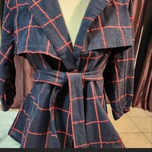 A. Peach Navy & Red Windowpane Plaid Belted Jacket